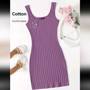 Purple Bodycon Solid Sleeveless Ribbed Form Fitting Stretchy Summer Dress